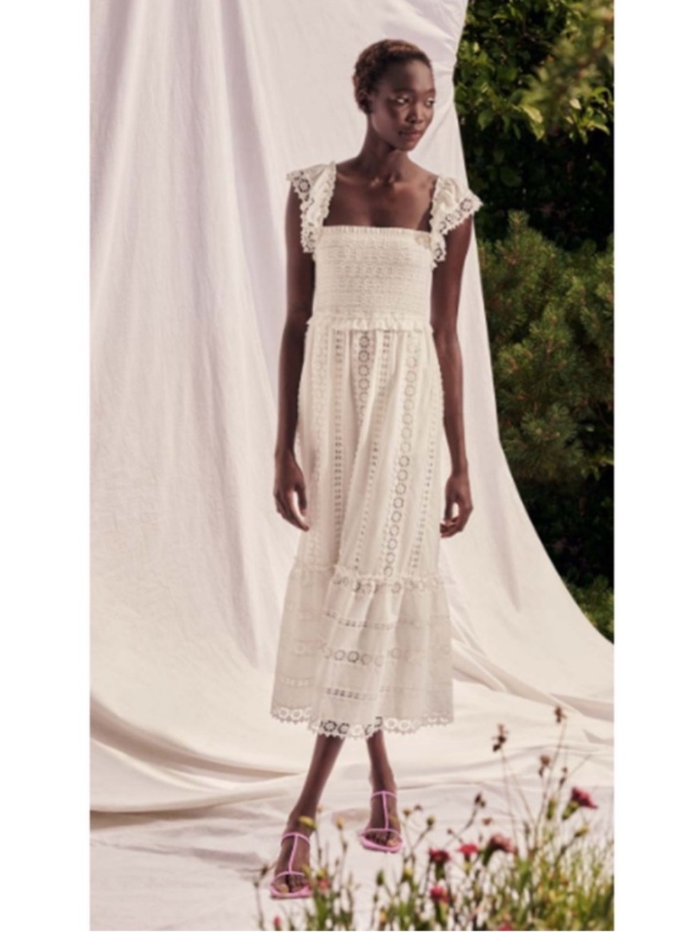 Saylor Elin Smocked Embroidered Midi Dress in White Size XS Bridal